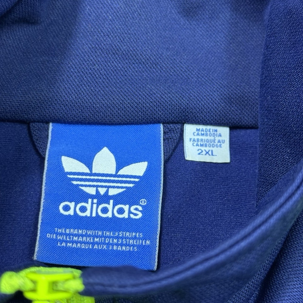 Adidas Originals Track Jacket Mens 2XL Blue Neon Yellow 3 Stripe Full Zip USA - Picture 2 of 11